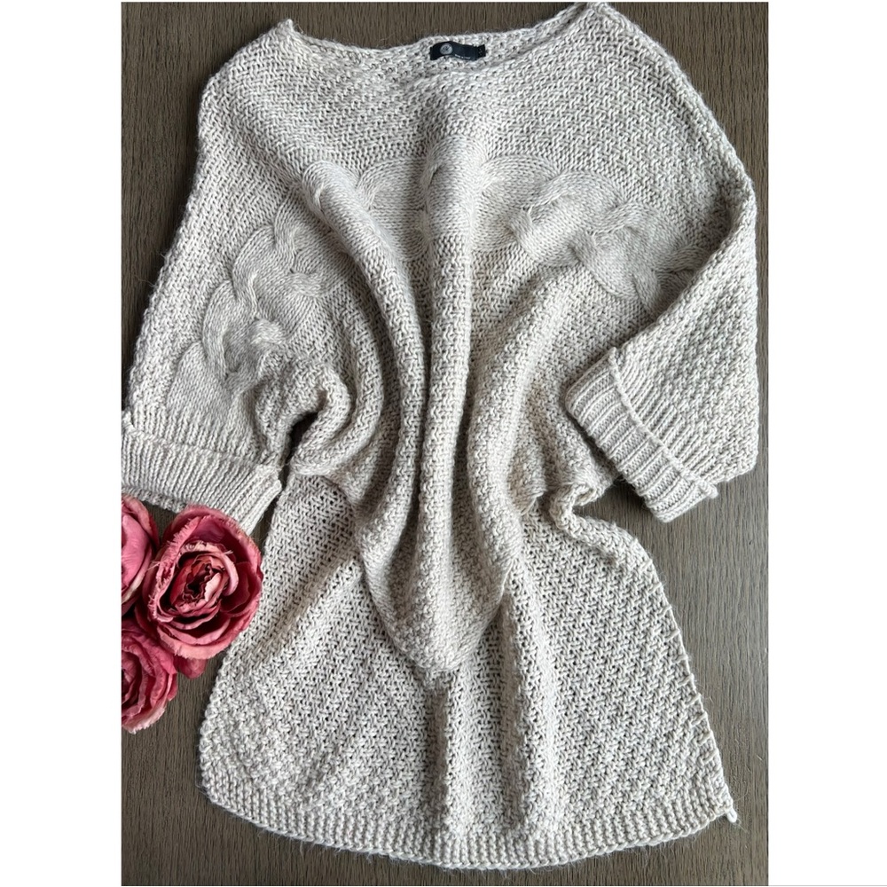 Made In Italy Wool Blend Crochet Cable Knit High-Low Hem Boat Neck Sweater